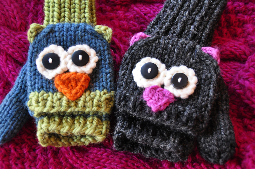 “Smitten Mittens” Fingerless Owl and Cat Animal Mittens Girly Knits
