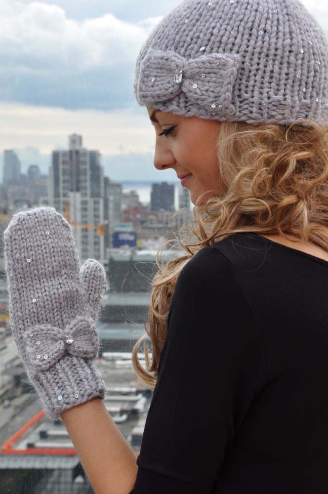 “Snow Princess” Girls and Adult Sequin Hat and Mitten Set with Bow Detail and iPhone Compatibility